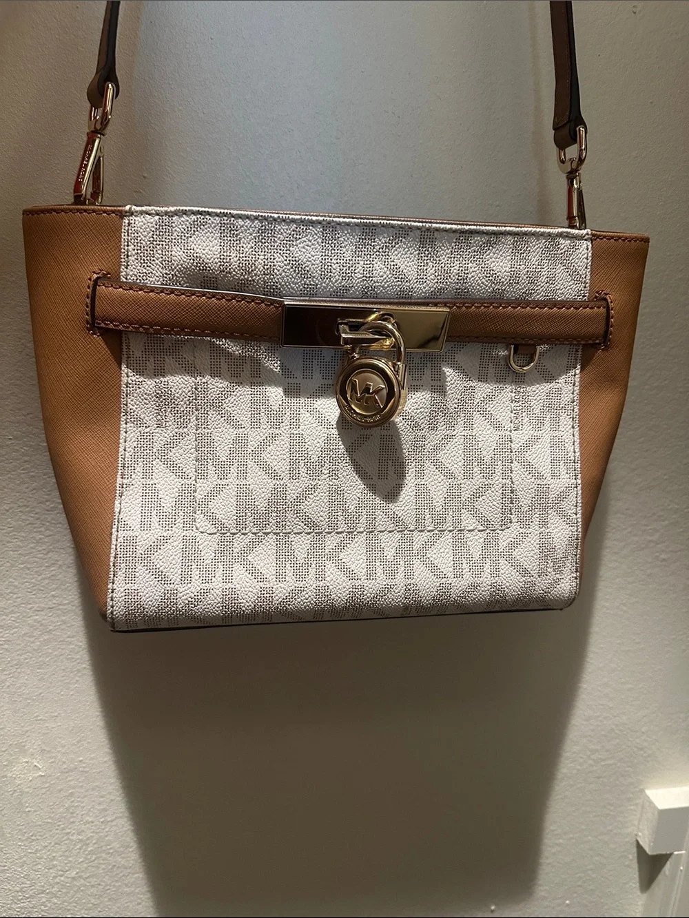 Michael Kors Tan and White Logo Crossbody Bag